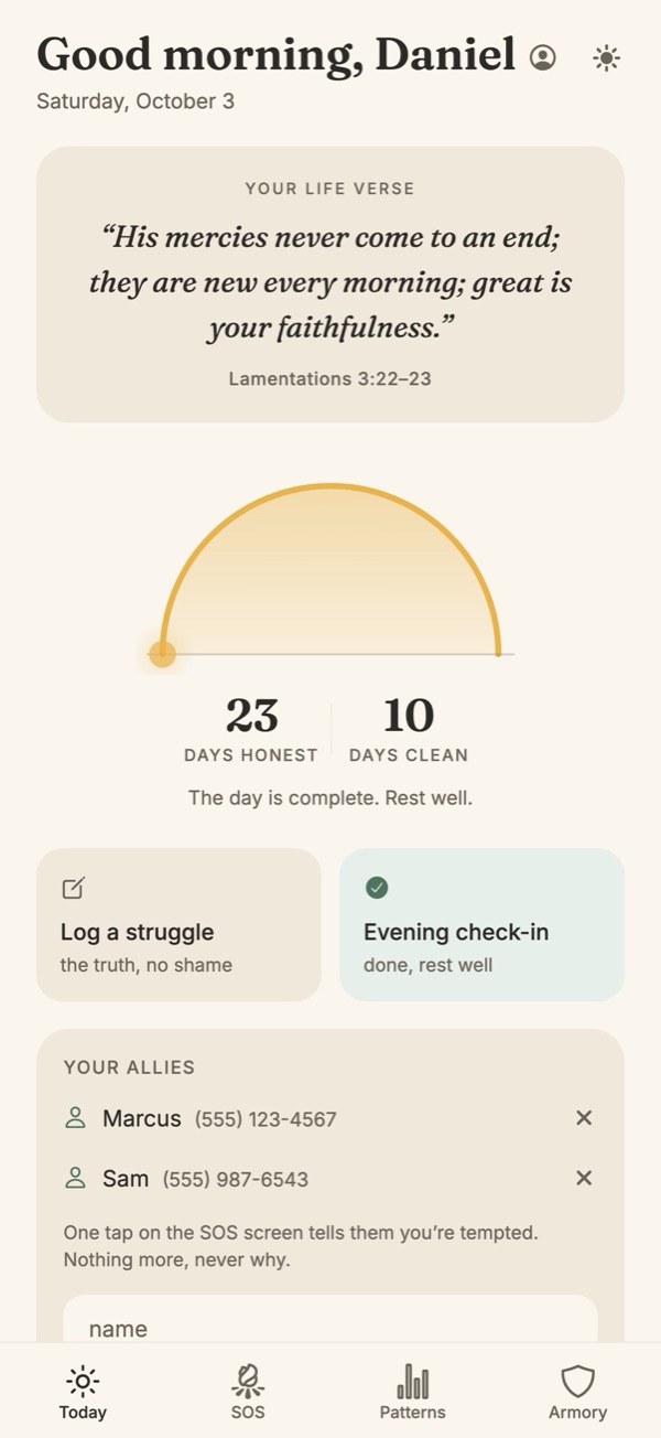 Today: a life verse, the dawn arc filled gold, 23 days honest and 10 days clean.
