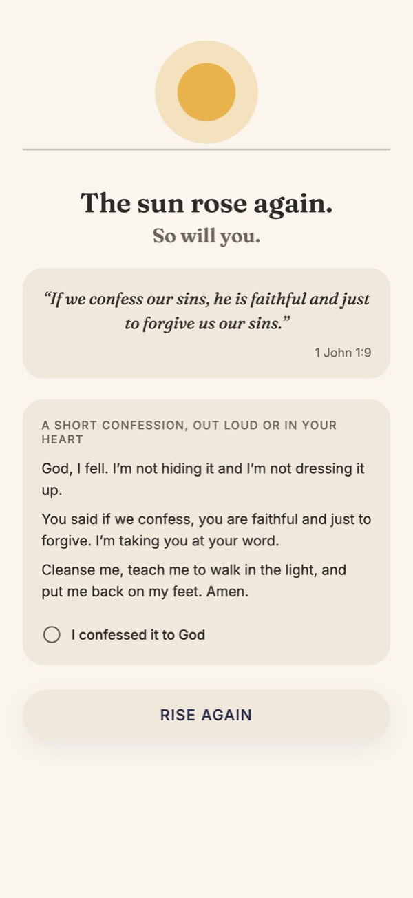 Rise Again: a rising sun, 1 John 1:9, and a short guided confession.