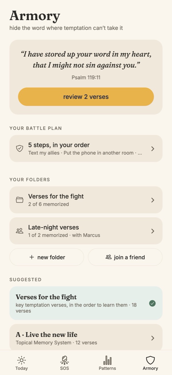 The Armory: a verse, your battle plan, and memory folders.